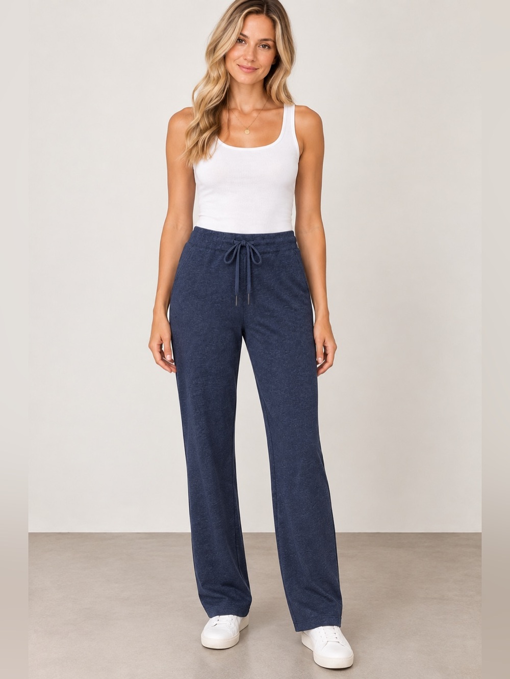 Quince Navy Soft Knit Pull On Drawstring Straight Leg Pants Size M